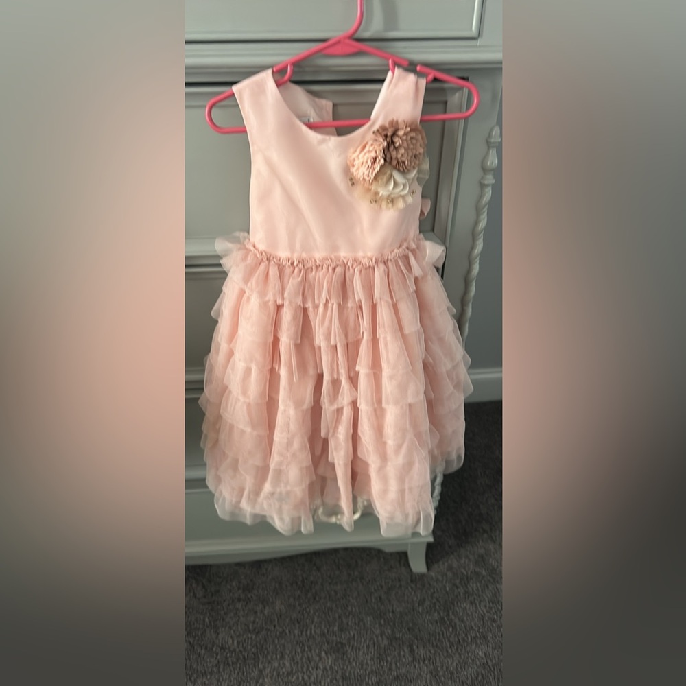Pink Ruffled Dress with Floral Accent - color is a PEACHy blush. 2T